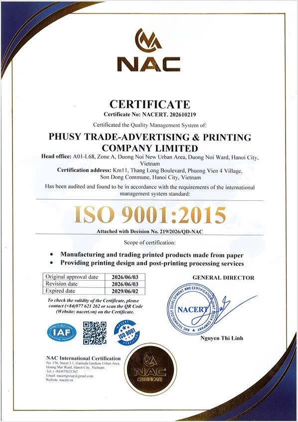 Chứng chỉ ISO 9001:2015 của In Phú Sỹ (NAC), hiệu lực đến 02/06/2029