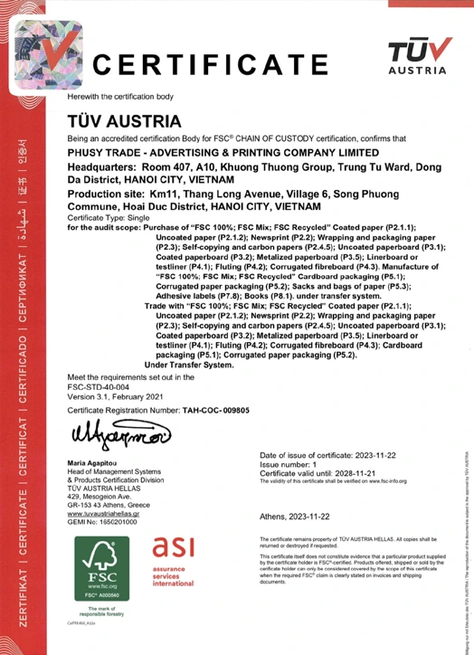 Chứng chỉ FSC Chain of Custody của In Phú Sỹ